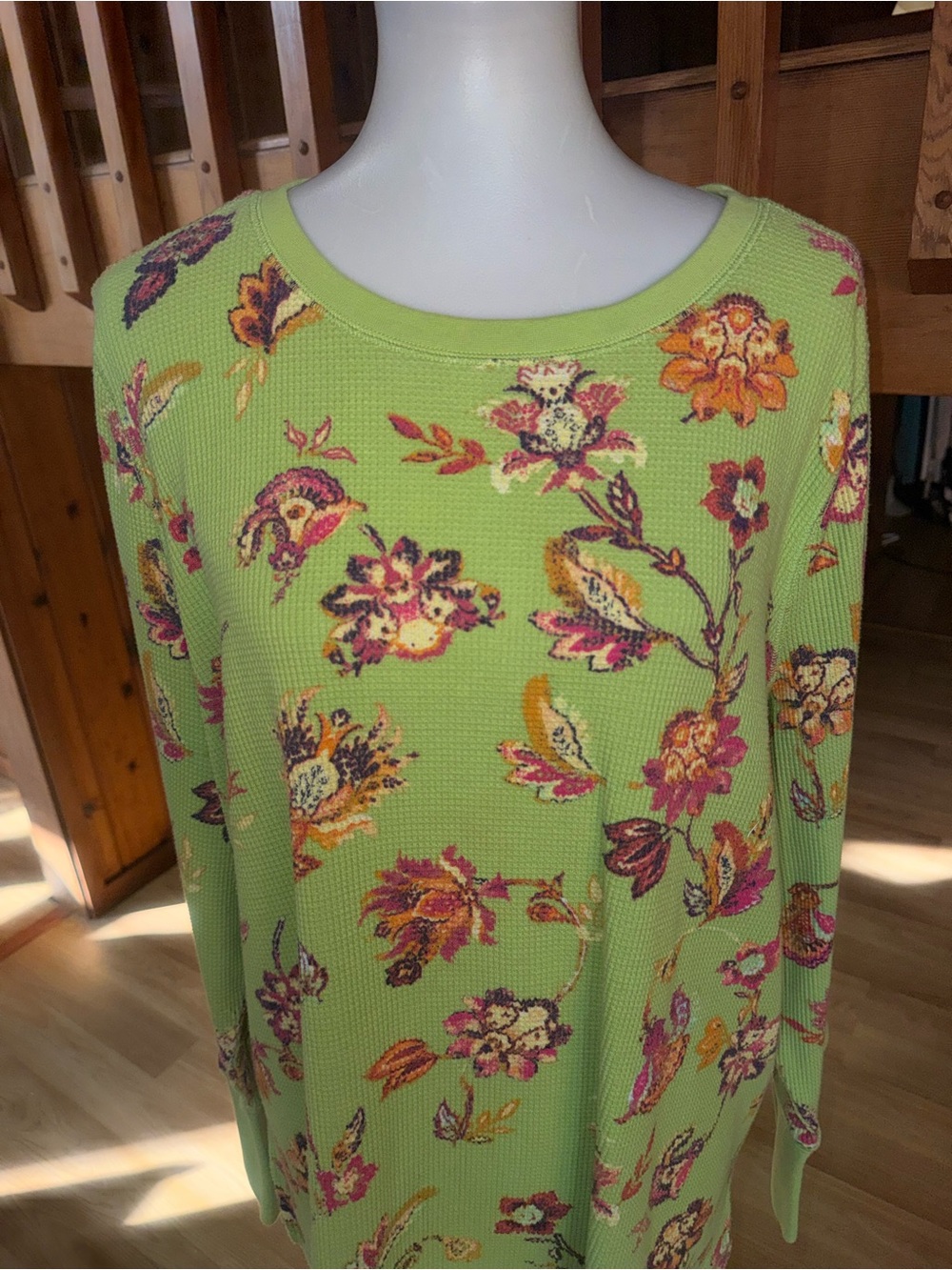 Belle Kim Gravel size 2X Green Floral Long Sleeve Waffle Knit Top shirt - Picture 2 of 12